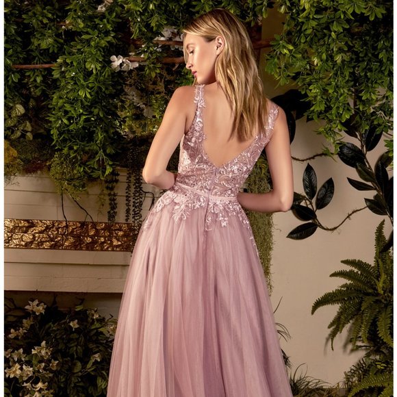 NEW LONG SLEEVELESS EMBROIDERED A-LINE TULLE DRESS WITH ZIPPER BACK AL A1045C - Picture 8 of 9